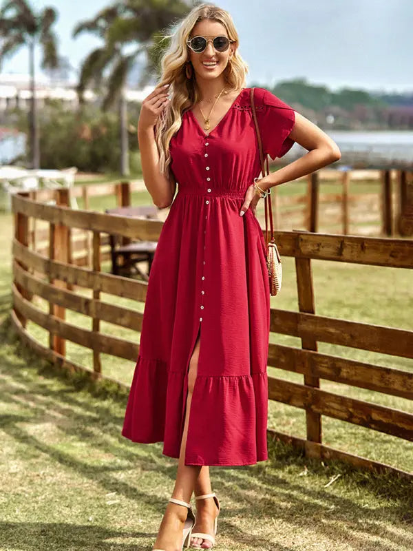 Women's new elegant V-neck solid color long skirt kakaclo