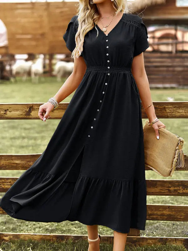 Women's new elegant V-neck solid color long skirt kakaclo