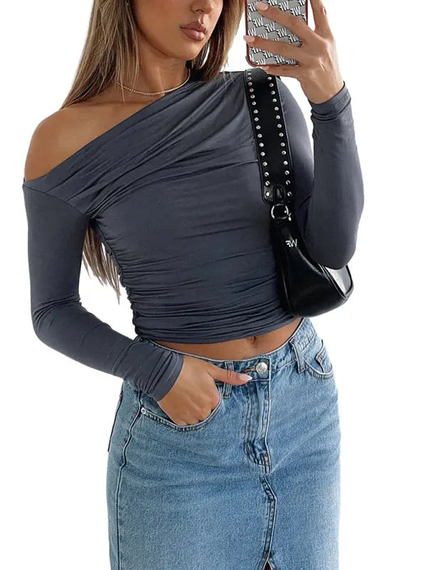 Women's off-shoulder asymmetrical solid color crop top long-sleeved sexy slim fit T-shirt kakaclo