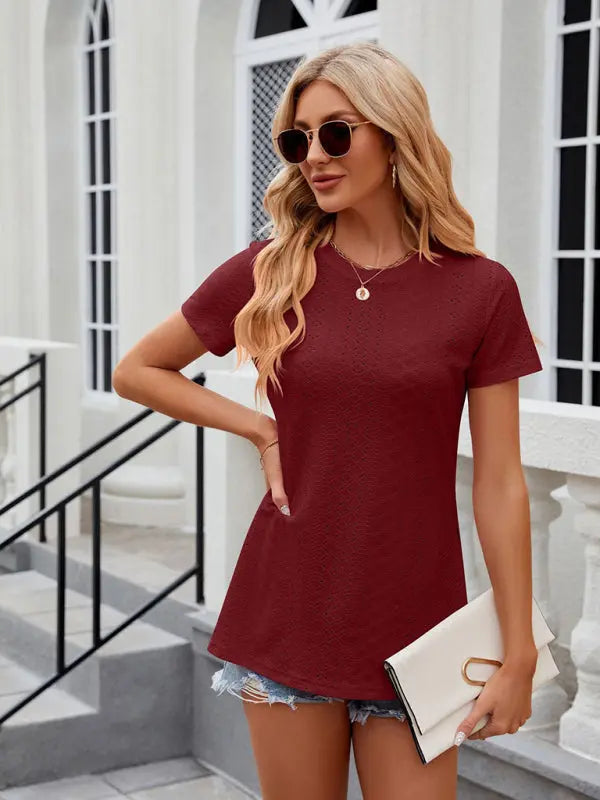 Women's round neck slit short sleeve loose T-shirt top kakaclo