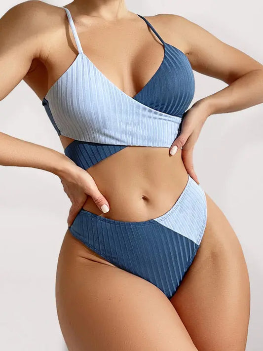 Women's solid color color block thick pit strip cross strap high waist bikini BLUE ZONE PLANET