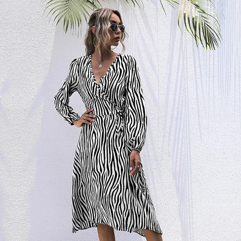 Women's zebra pattern V -neck tie a long -sleeved dress kakaclo