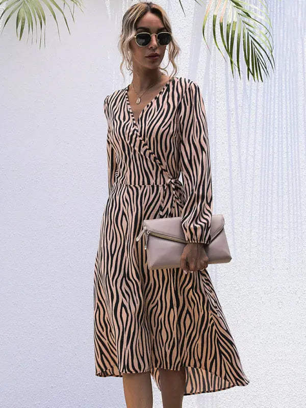 Women's zebra pattern V -neck tie a long -sleeved dress kakaclo