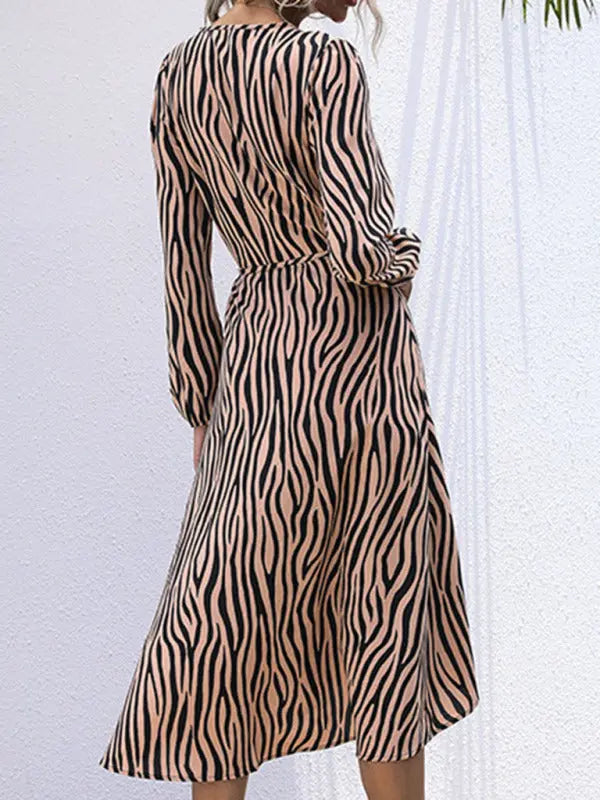 Women's zebra pattern V -neck tie a long -sleeved dress kakaclo