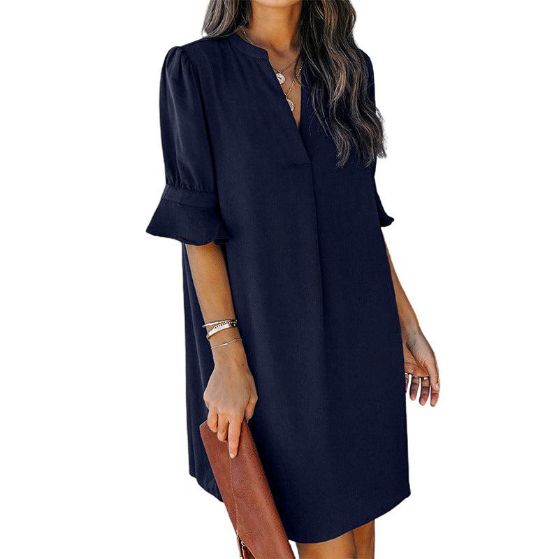 Women's Solid Color Simple Shirt Dress Blue Zone Planet