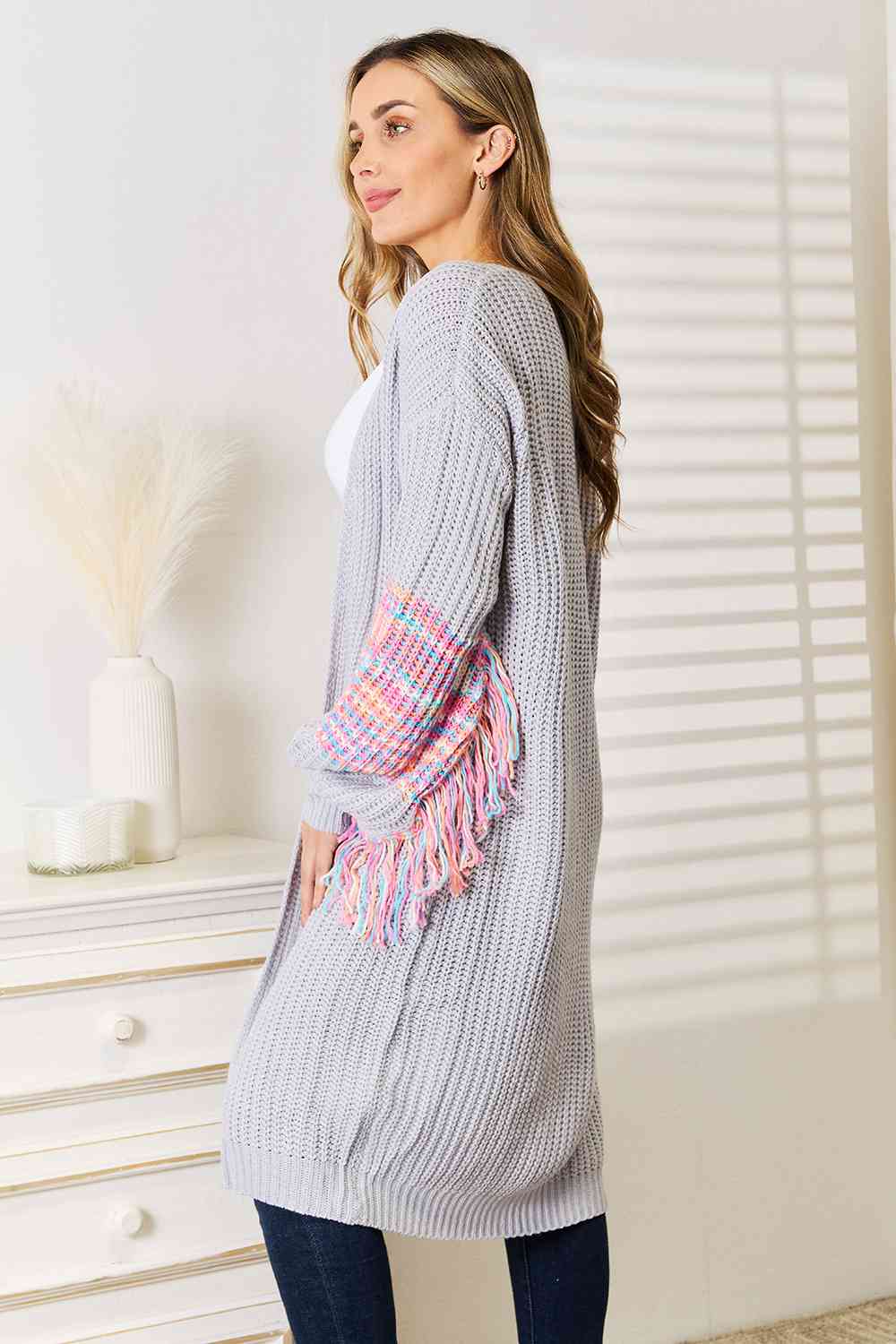 Woven Right Fringe Sleeve Dropped Shoulder Cardigan BLUE ZONE PLANET