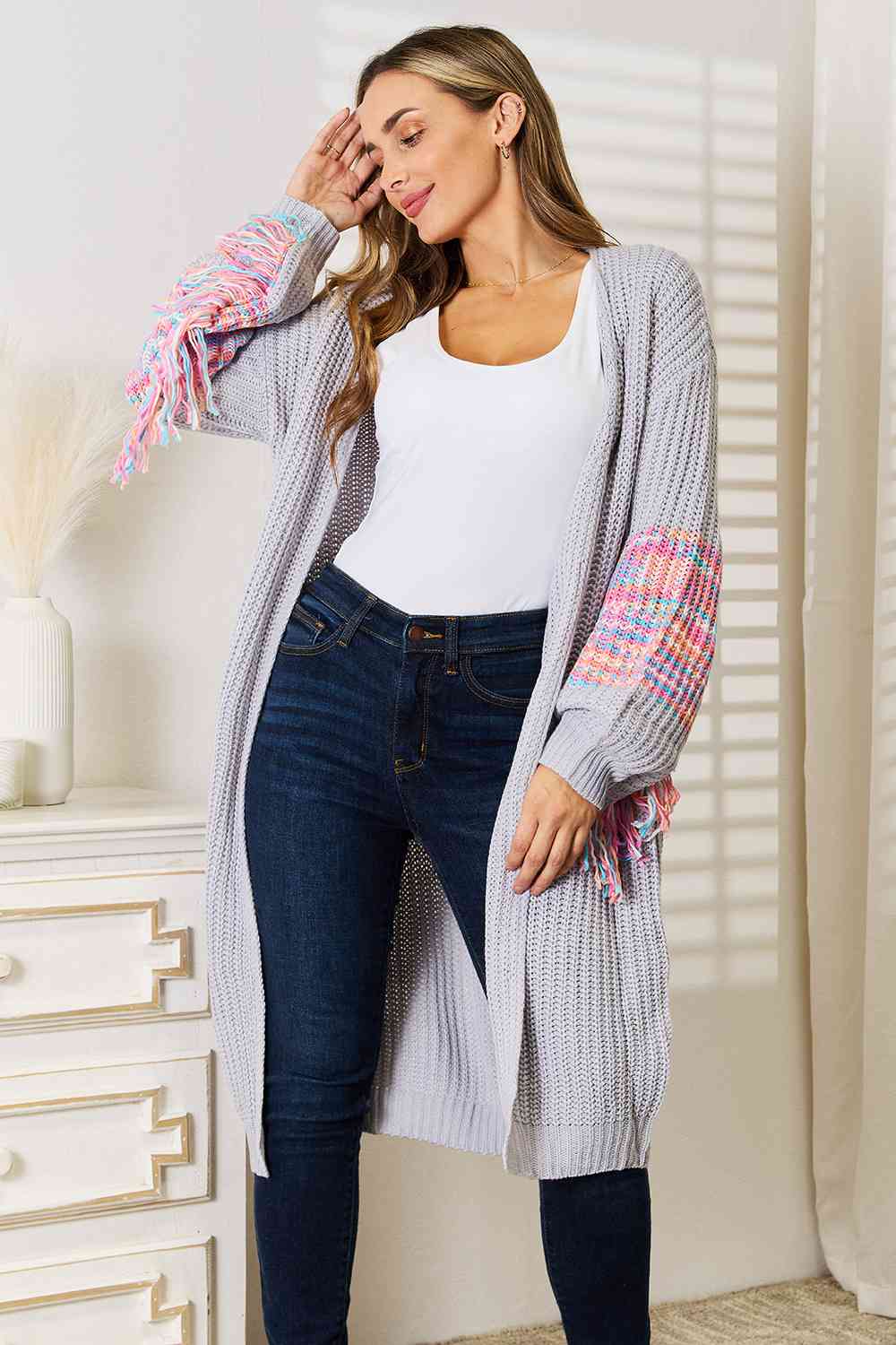 Woven Right Fringe Sleeve Dropped Shoulder Cardigan BLUE ZONE PLANET