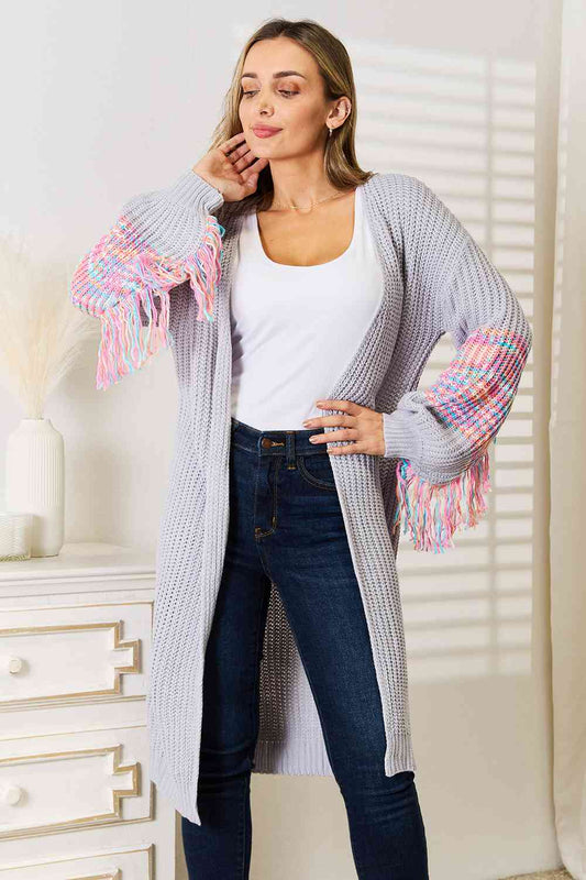 Woven Right Fringe Sleeve Dropped Shoulder Cardigan BLUE ZONE PLANET