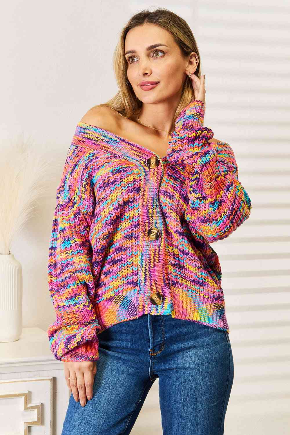 Woven Right V-Neck Long Sleeve Cardigan BLUE ZONE PLANET