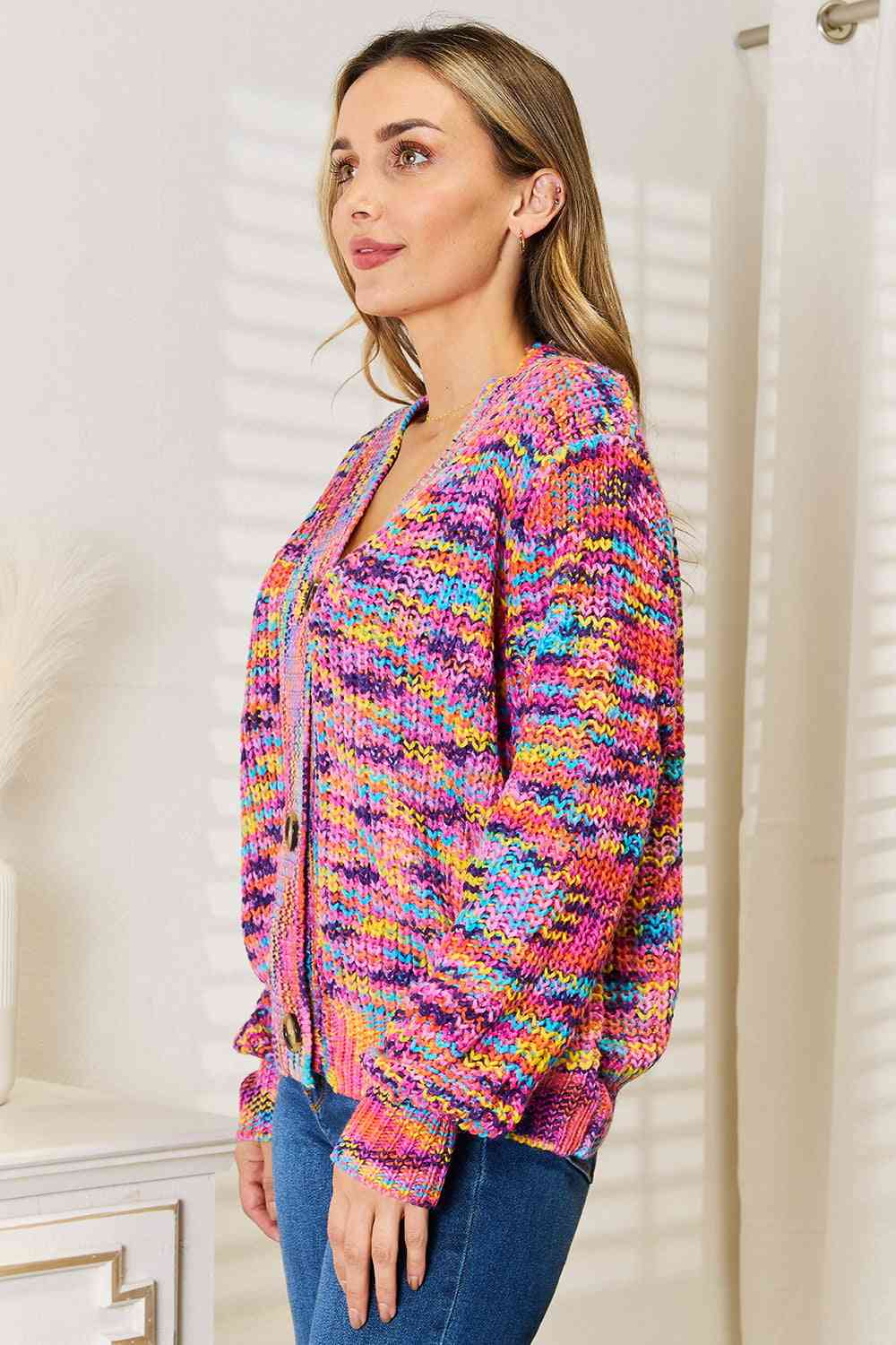 Woven Right V-Neck Long Sleeve Cardigan BLUE ZONE PLANET