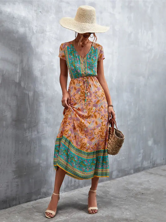 Woven V-Neck Long Bohemian Dress kakaclo