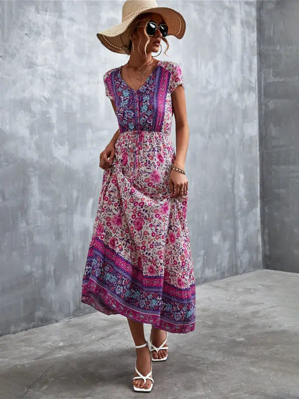 Woven V-Neck Long Bohemian Dress kakaclo