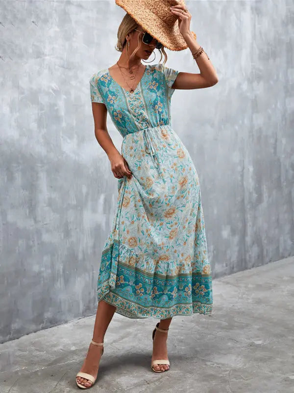 Woven V-Neck Long Bohemian Dress kakaclo