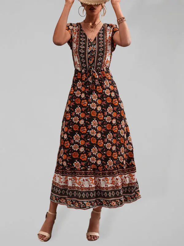 Woven V-Neck Long Bohemian Dress kakaclo