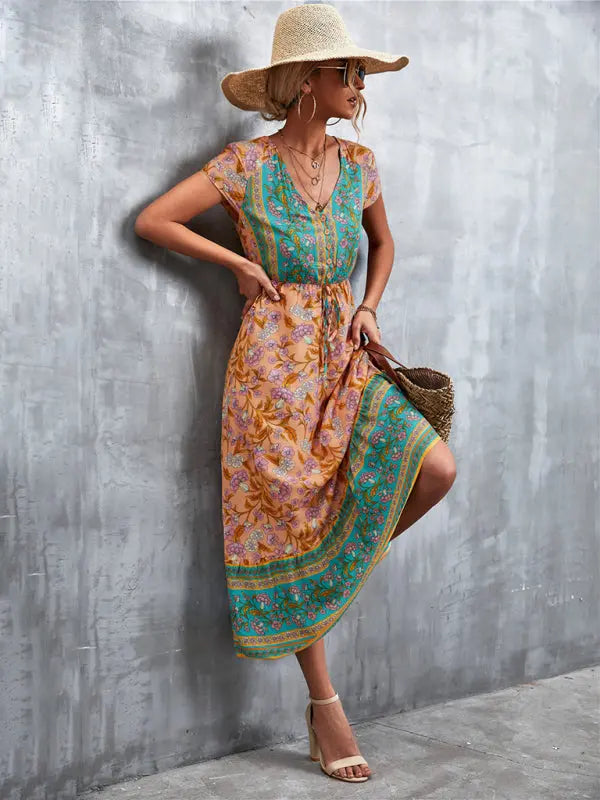 Woven V-Neck Long Bohemian Dress kakaclo