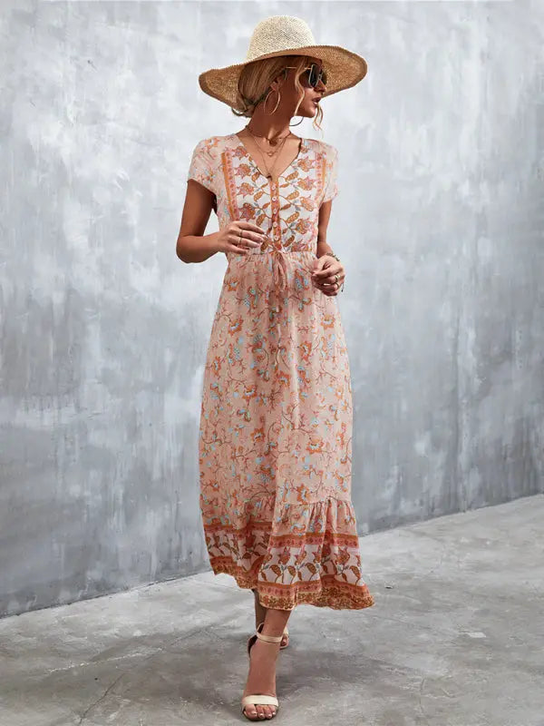 Woven V-Neck Long Bohemian Dress kakaclo