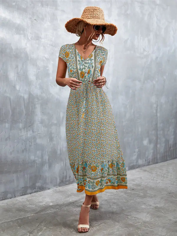 Woven V-Neck Long Bohemian Dress kakaclo