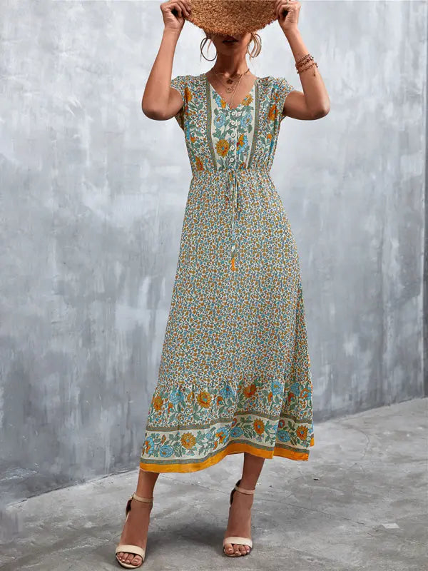 Woven V-Neck Long Bohemian Dress kakaclo