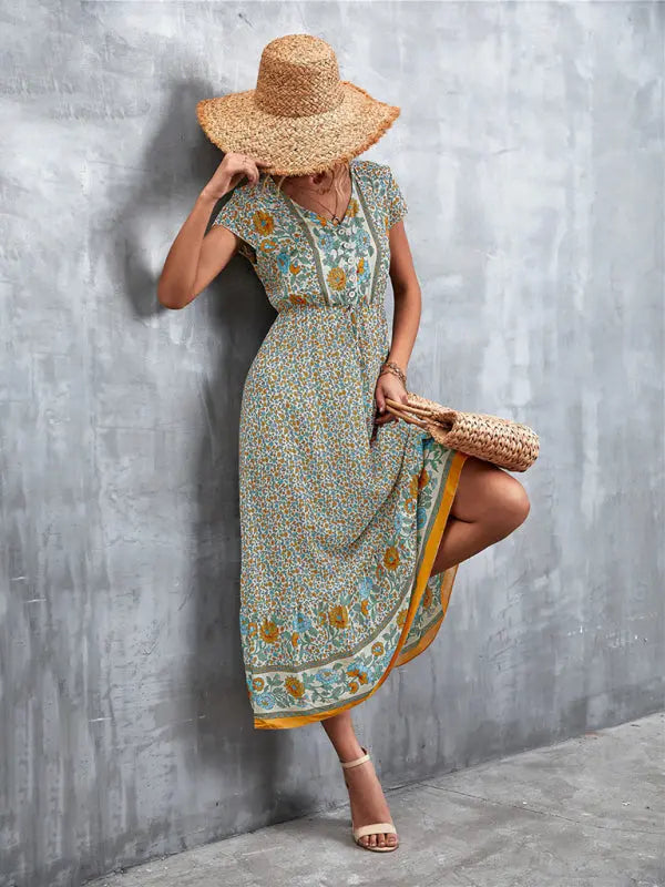 Woven V-Neck Long Bohemian Dress kakaclo