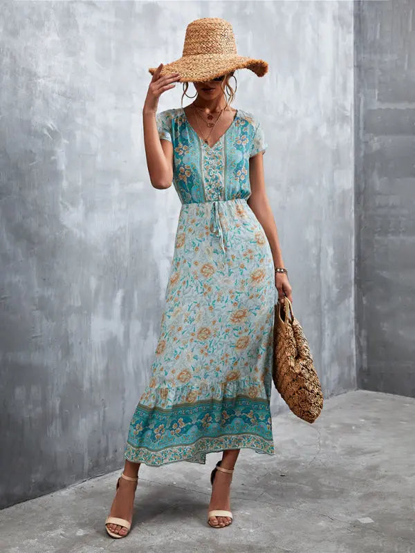 Woven V-Neck Long Bohemian Dress kakaclo