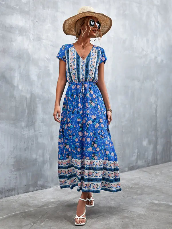 Woven V-Neck Long Bohemian Dress kakaclo