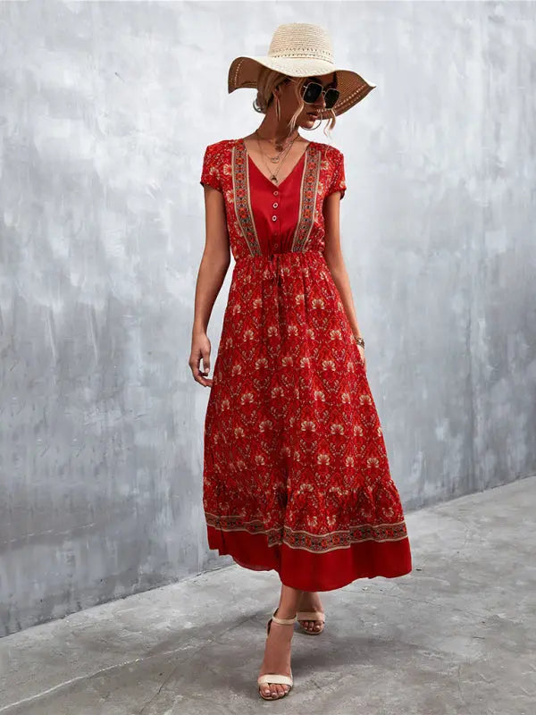 Woven V-Neck Long Bohemian Dress kakaclo