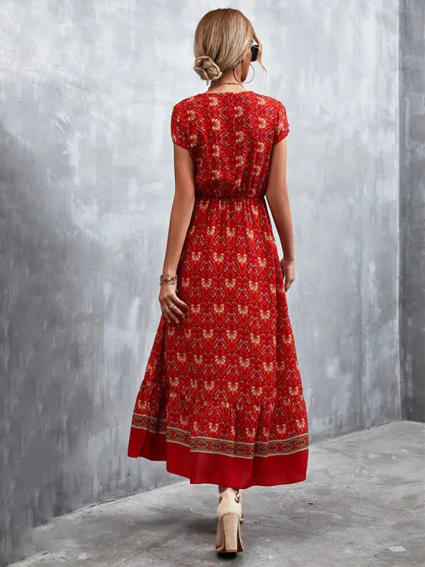 Woven V-Neck Long Bohemian Dress kakaclo