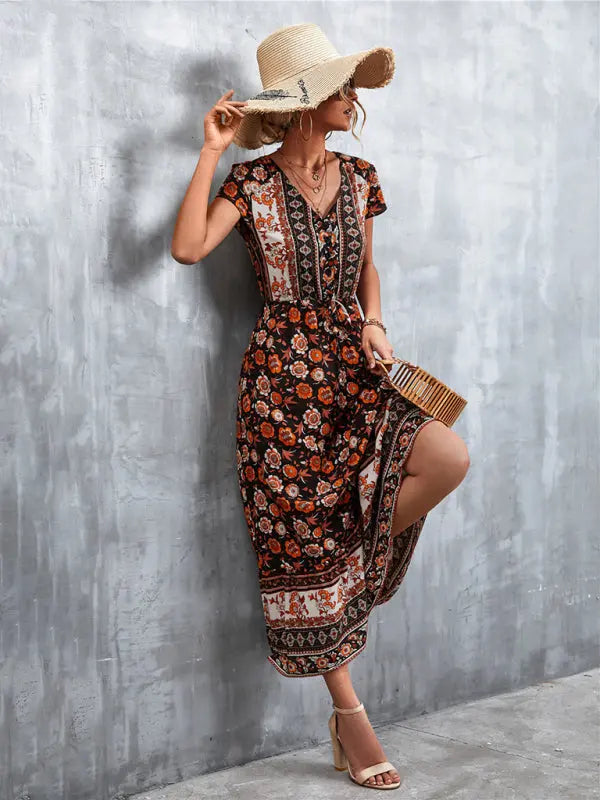 Woven V-Neck Long Bohemian Dress kakaclo