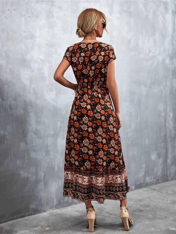 Woven V-Neck Long Bohemian Dress kakaclo