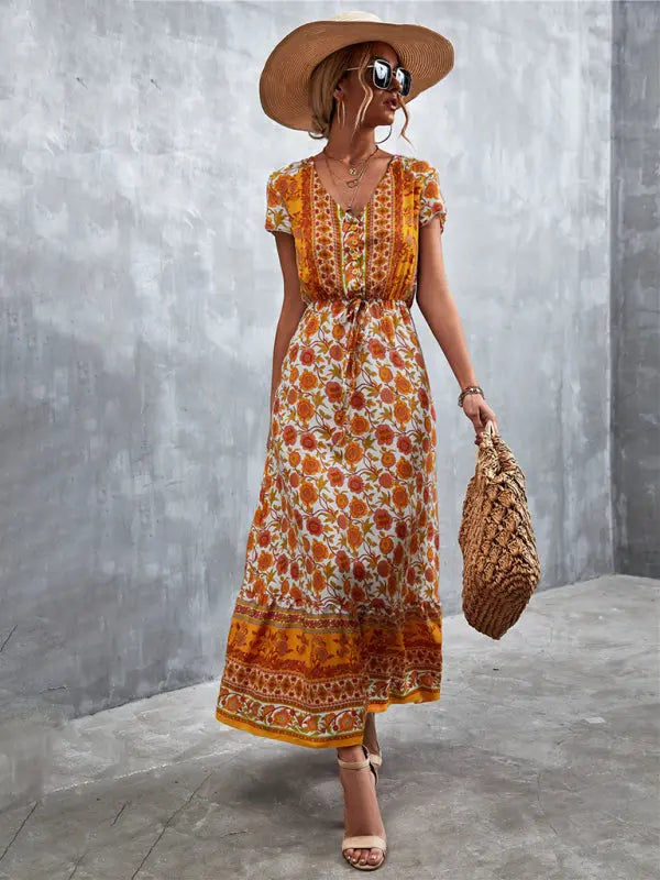 Woven V-Neck Long Bohemian Dress kakaclo