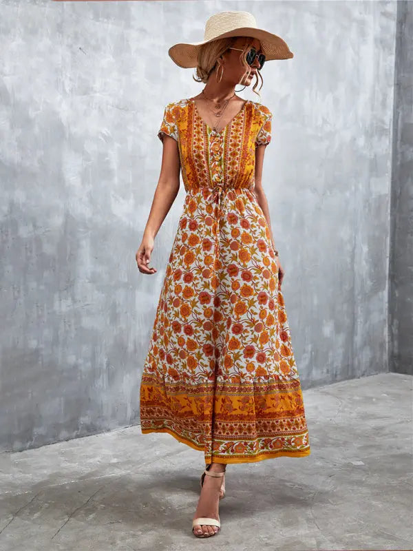 Woven V-Neck Long Bohemian Dress kakaclo