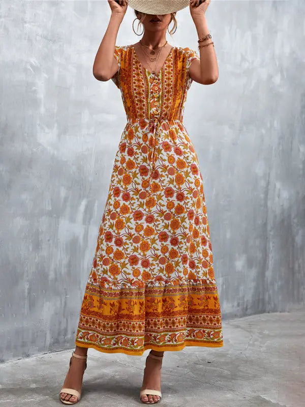 Woven V-Neck Long Bohemian Dress kakaclo