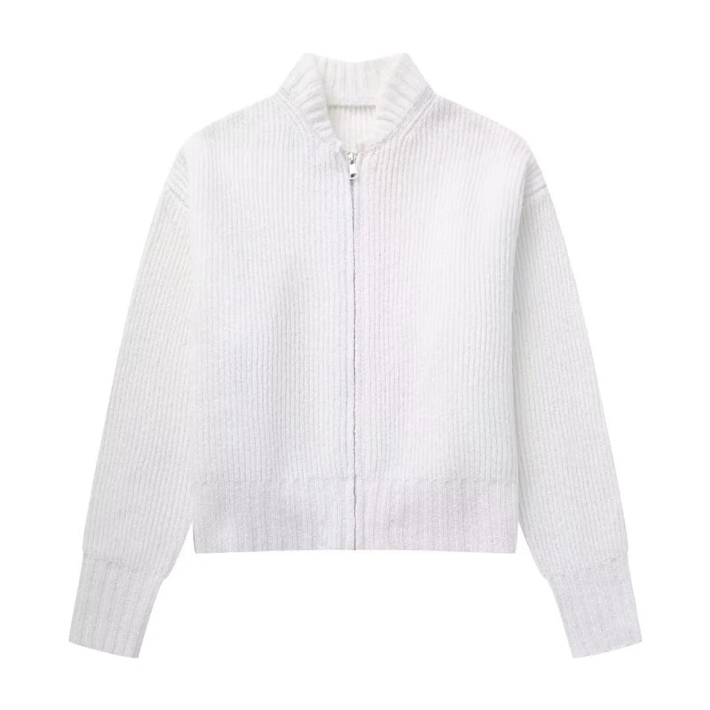 New able stand collar solid color loose zipper knitted cardigan sweater-[Adult]-[Female]-White-S-2022 Online Blue Zone Planet