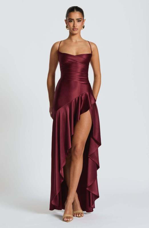 Sonia's Halter Maxi Dress with Ruffled Irregular Hem Wine Red / L by Blue Zone Planet