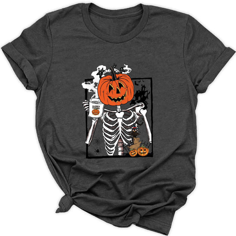 Blue Zone Planet | Women's Halloween Pumpkin Skeleton Graphic Tee-TOPS / DRESSES-[Adult]-[Female]-Grey-S-2022 Online Blue Zone Planet