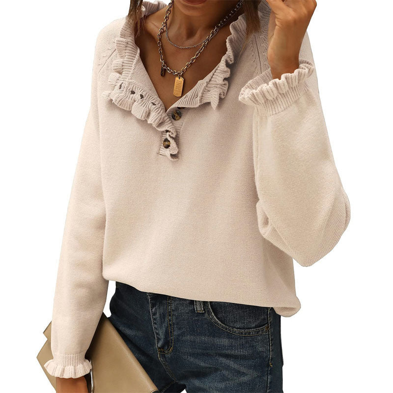 Women's Knitted Casual Long Sleeve Button Ruffle Pullover Sweater-[Adult]-[Female]-Cracker khaki-S-2022 Online Blue Zone Planet