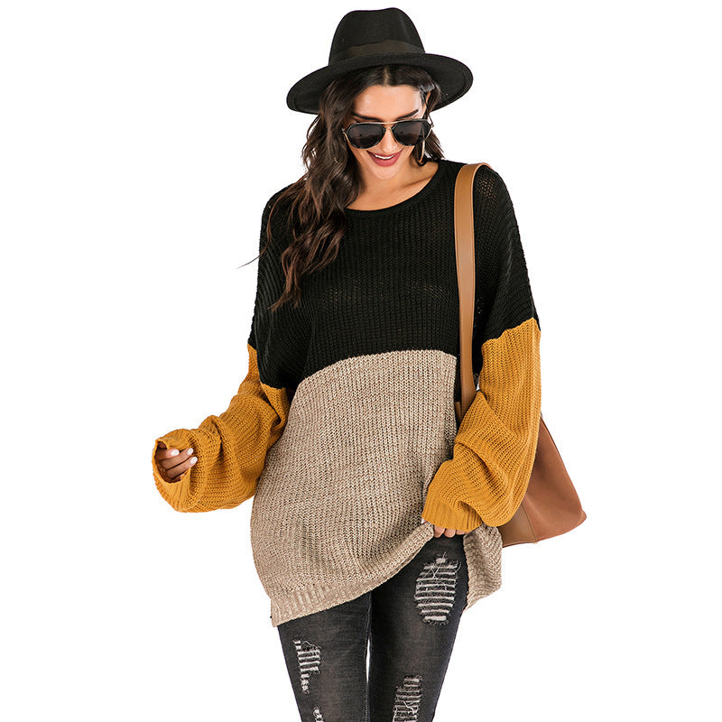 contrast color loose long sleeve knitted mid-length sweater BLUE ZONE PLANET