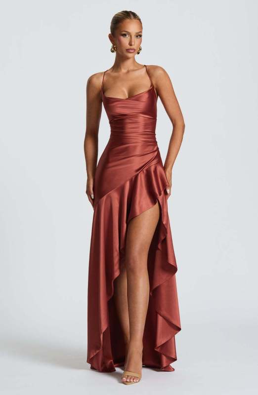 Sexy halter dress with ruffled, irregular hem.-[Adult]-[Female]-Brick red-S-2022 Online Blue Zone Planet