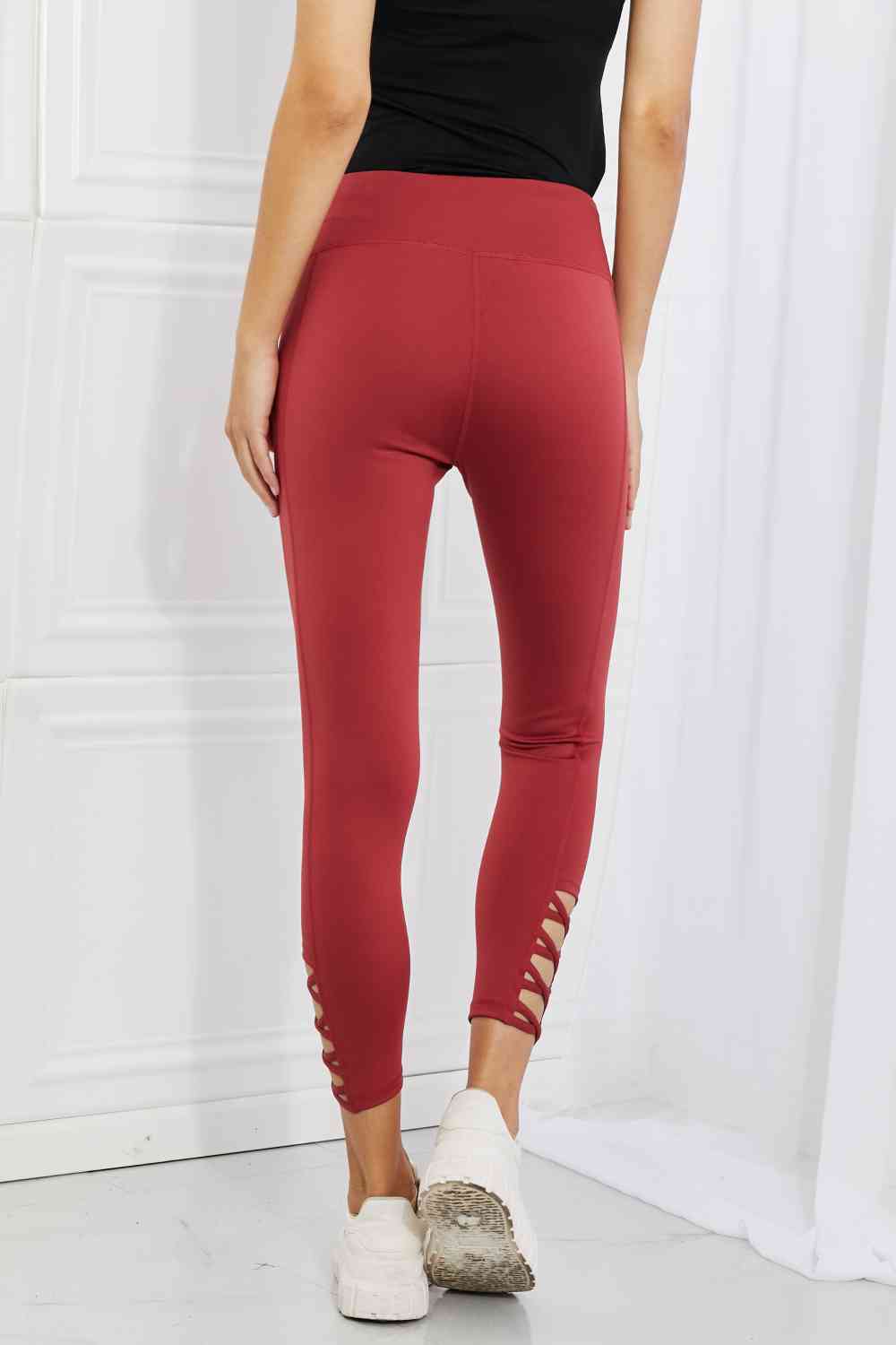 Yelete Ready For Action Full Size Ankle Cutout Active Leggings in Brick Red BLUE ZONE PLANET