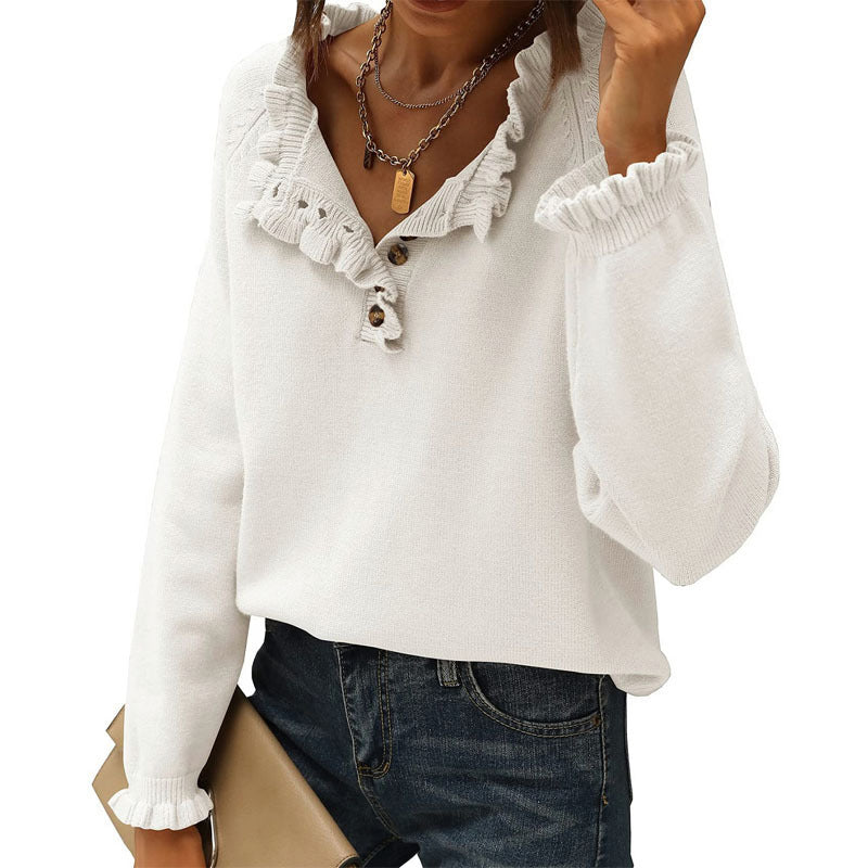 Women's Knitted Casual Long Sleeve Button Ruffle Pullover Sweater-[Adult]-[Female]-White-S-2022 Online Blue Zone Planet