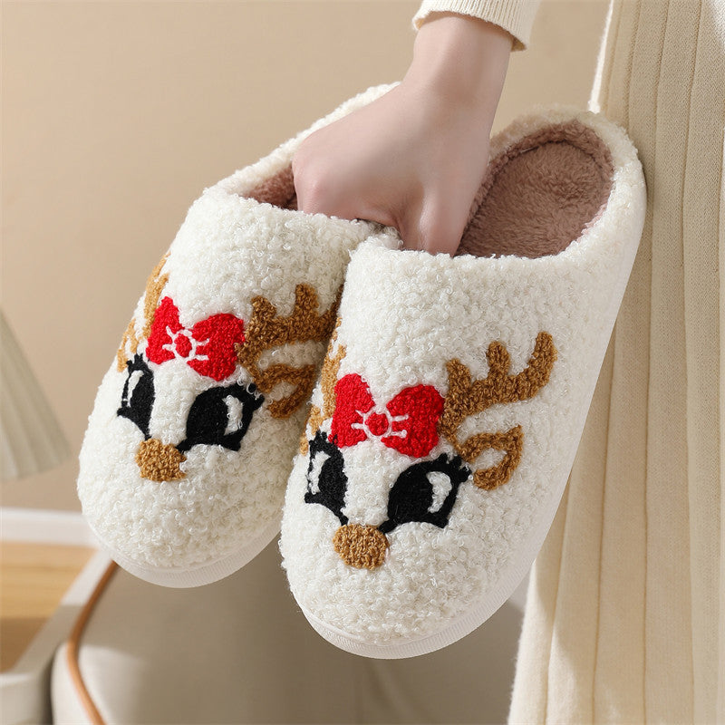 Blue Zone Planet | Christmas cute bow fox pattern cotton slippers indoor home plush warm slippers-SHOES-[Adult]-[Female]-White-36/37-2022 Online Blue Zone Planet