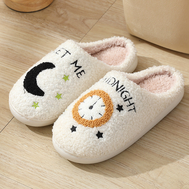 Moon Letter Pattern Cotton Slippers Indoor Home Plush Warm Slippers-[Adult]-[Female]-White-36/37-2022 Online Blue Zone Planet