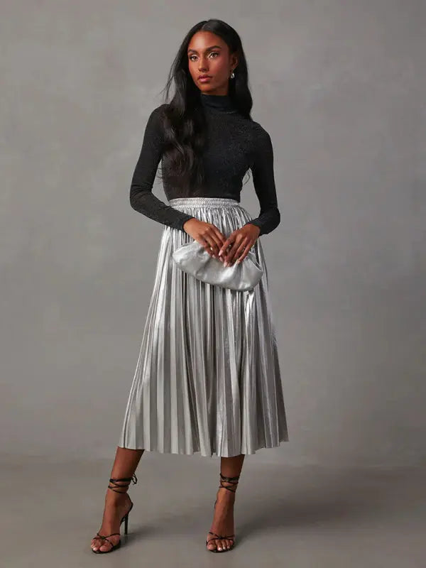 Zara's shiny pleated high-waisted A-line midi skirt kakaclo