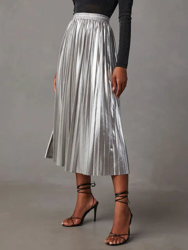 Zara's shiny pleated high-waisted A-line midi skirt kakaclo