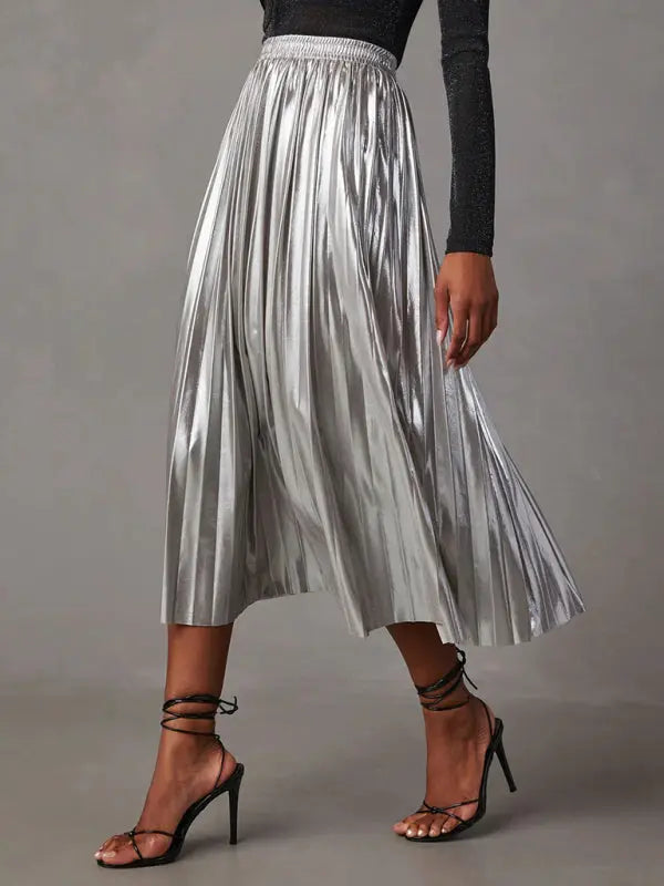 Zara's shiny pleated high-waisted A-line midi skirt kakaclo