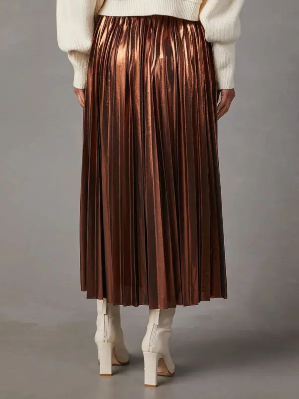 Zara's shiny pleated high-waisted A-line midi skirt kakaclo