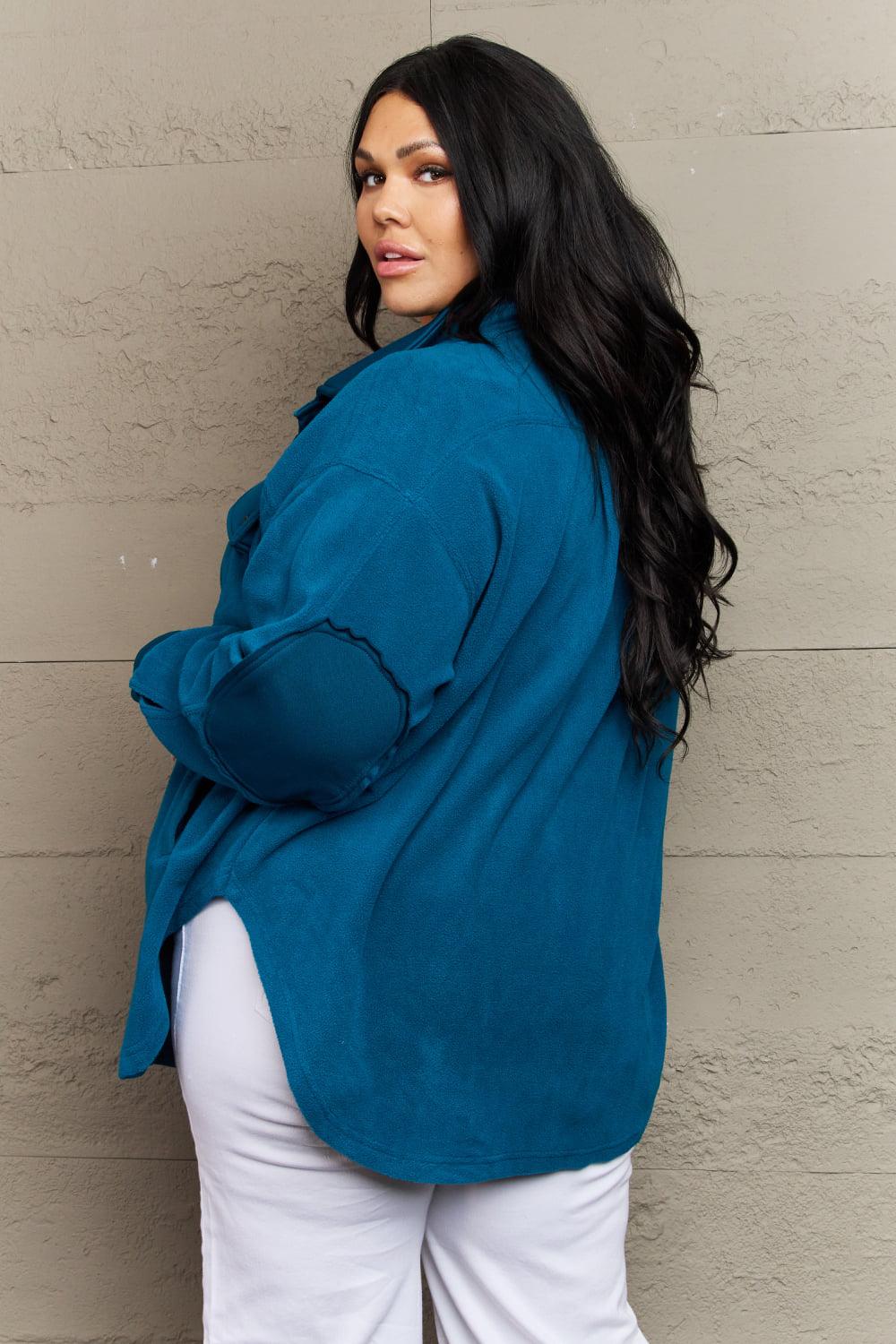 Zenana Cozy in the Cabin Full Size Fleece Elbow Patch Shacket in Teal BLUE ZONE PLANET