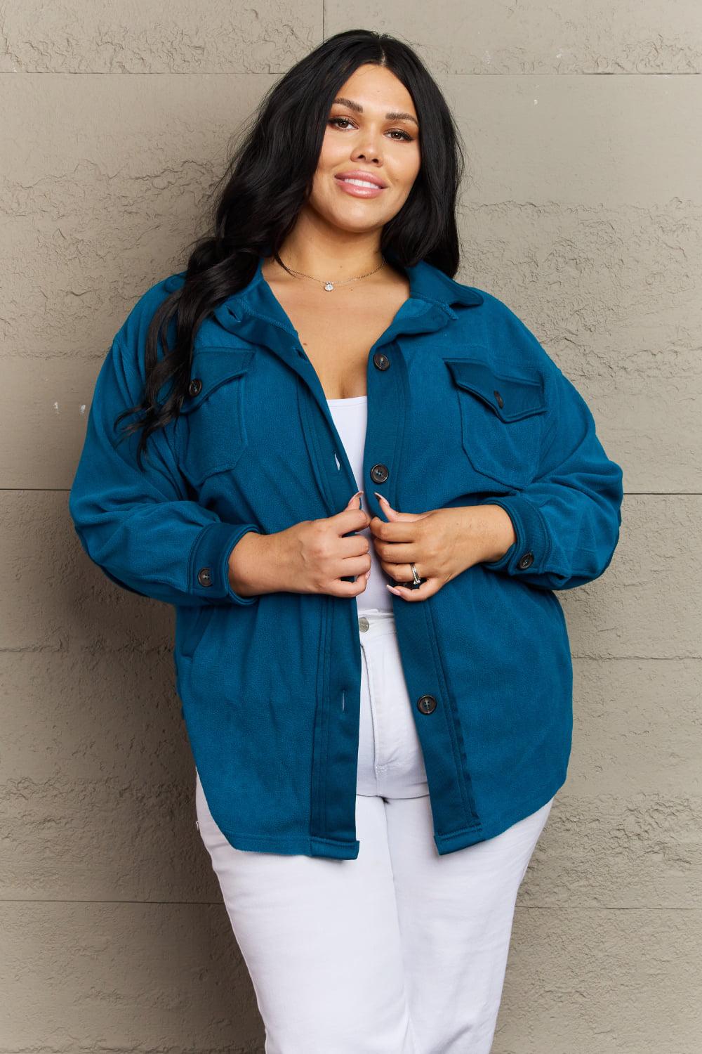 Zenana Cozy in the Cabin Full Size Fleece Elbow Patch Shacket in Teal BLUE ZONE PLANET