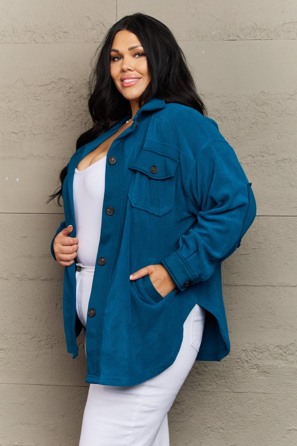 Zenana Cozy in the Cabin Full Size Fleece Elbow Patch Shacket in Teal BLUE ZONE PLANET