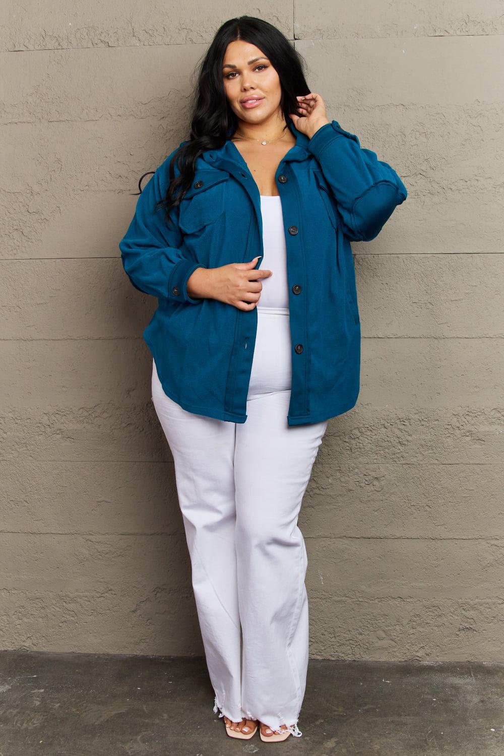 Zenana Cozy in the Cabin Full Size Fleece Elbow Patch Shacket in Teal BLUE ZONE PLANET